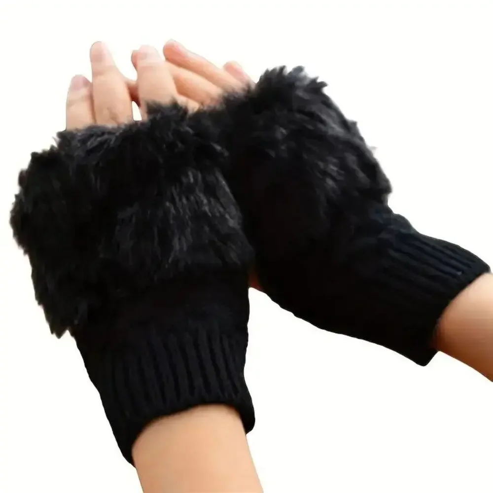 Plush Warm Ribbed Knitted Fingerless Gloves Great for Phone Black